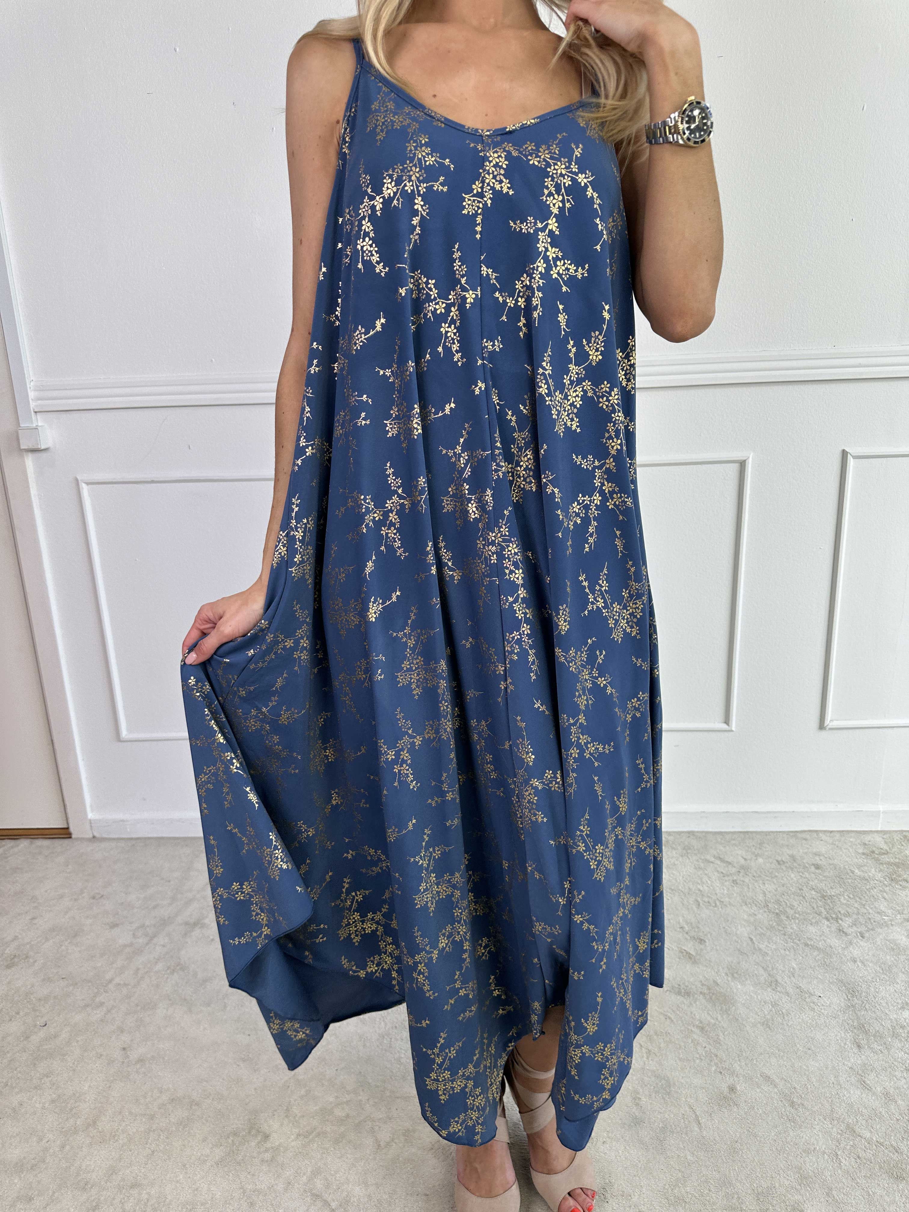 Maisie Gold - Axelremsklänning i elastiskt material med guld mönster